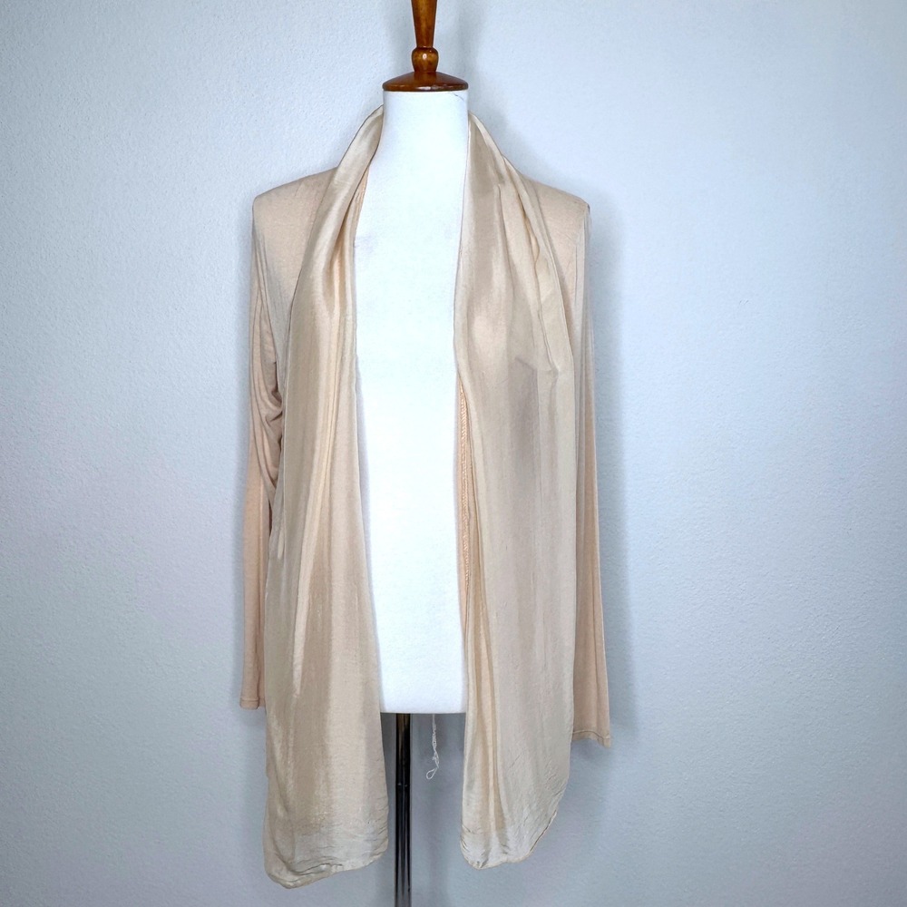 MEO MELI Silk Blend Open Front Cardigan One Size Tan Italy Travel Quiet Luxury